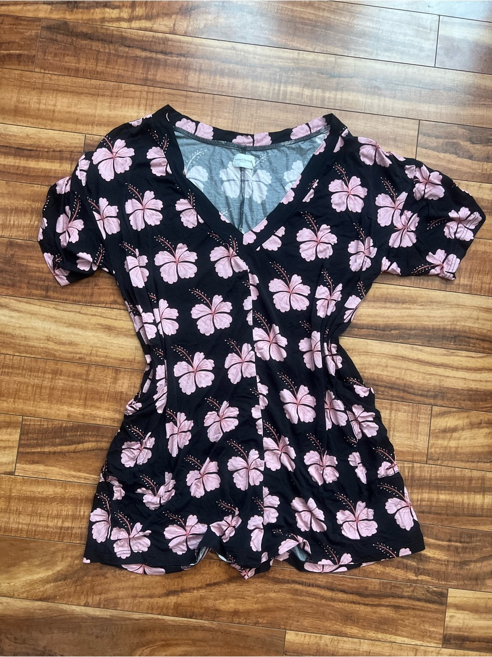 Sweet Sweet Honey Womens Black V-Neck Tee with Pink Floral Print